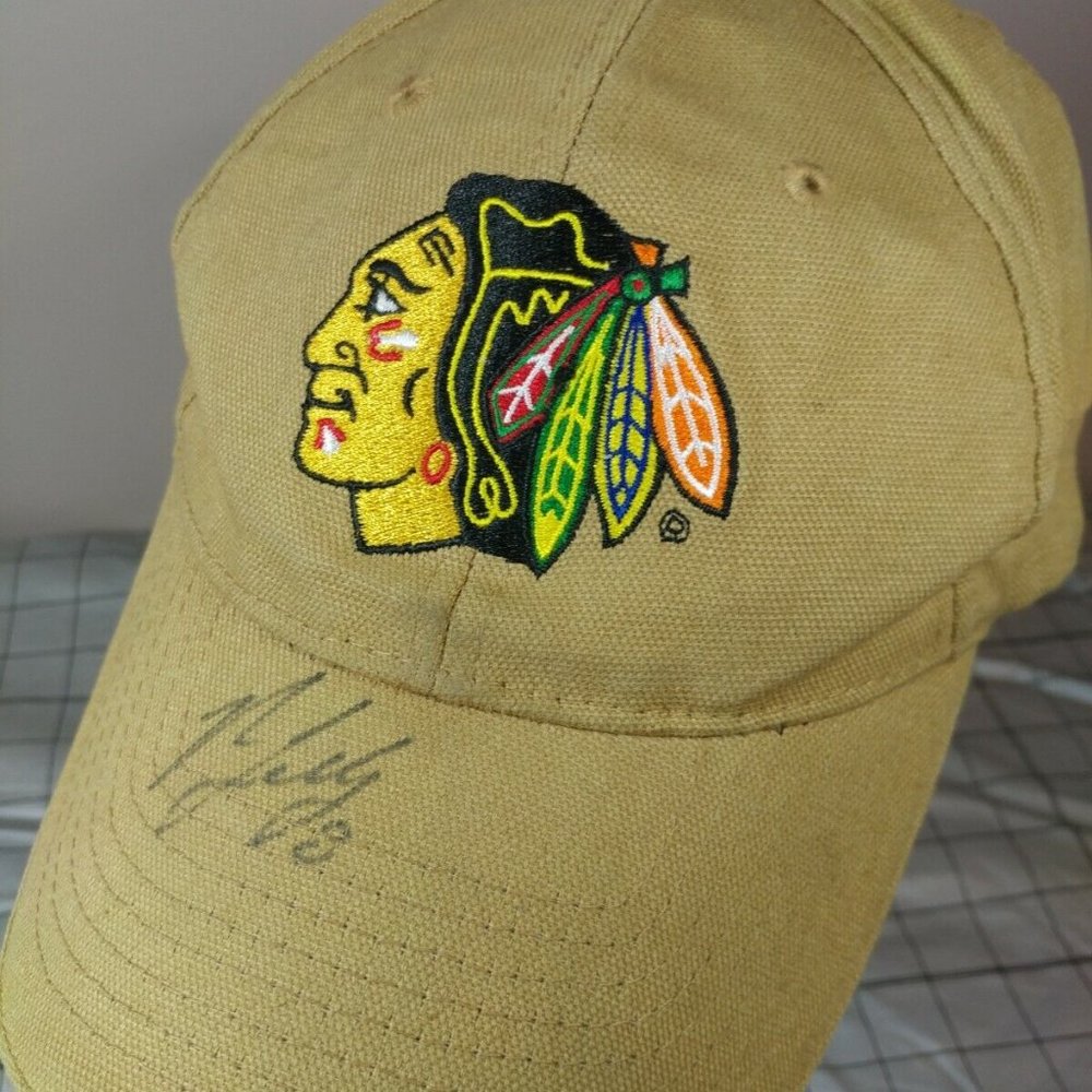Chicago Blackhawks Nick Leddy 8 Autograph Hat Khaki Kick10 Adjustable Comcast